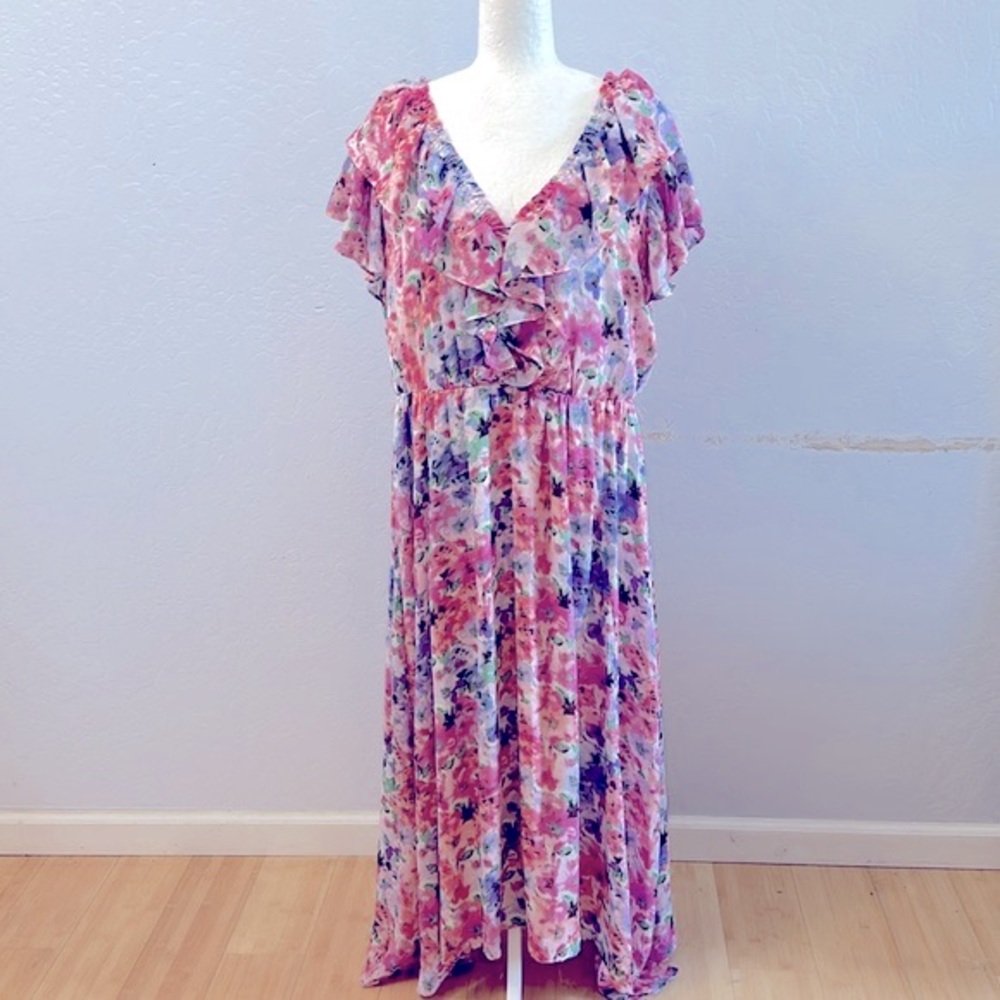 Taylor Ruffled Floral Printed Chiffon A Line Pink
